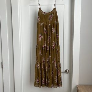 Madewell Army Green Floral Spaghetti Strap Tiered Midi Dress